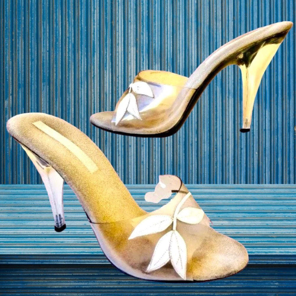 Vintage 80's Clear Transparent Vinyl Upper & Heel Sandal Slide Womens 8